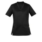 Black scrub top with short sleeves and two front pockets.