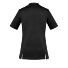 Back view of a short-sleeved, black shirt on a white background.