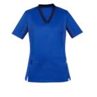 Blue short-sleeve V-neck scrub top with pockets against a white background.