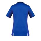 Blue short-sleeve shirt with dark side stripes, shown from the back.