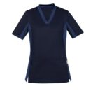 Dark blue V-neck scrub top with short sleeves and side pockets.