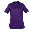 Purple scrub top with a V-neck, short sleeves, and front pocket.