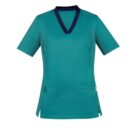 Teal scrub top with navy trim and front pockets.