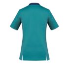 Back view of a teal short-sleeve shirt with blue collar accents.