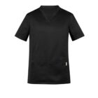 Black short-sleeve V-neck medical scrub top on a white background.
