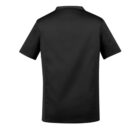 Black short-sleeve shirt displayed on a plain white background, viewed from the back.