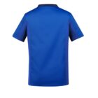 Back view of a blue short-sleeve polo shirt with purple and black accents.