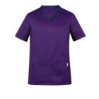 Purple short-sleeve medical scrub top with a dark V-neck and pockets.