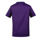 Purple short-sleeve shirt, back view, with a dark collar.