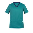 Teal short-sleeve medical scrub top with dark blue V-neck trim.