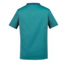 Green short-sleeve shirt with a blue collar viewed from the back.