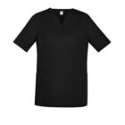 Black short-sleeve medical scrub top with a V-neck and two front pockets.