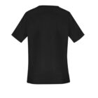 Black t-shirt, front view, short sleeves, plain design.