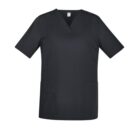 Black medical scrub top with short sleeves and two front pockets.