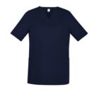 Navy blue scrub top with short sleeves and two front pockets.