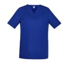 Blue short-sleeve medical scrub top with a v-neck and two front pockets.