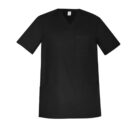 Black short-sleeve V-neck scrub top with pockets, displayed on a white background.