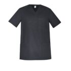 Dark grey scrub top with short sleeves and three front pockets on a white background.