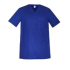 Blue medical scrub top with short sleeves and multiple pockets.