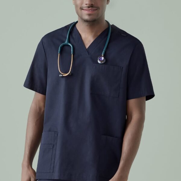Person in dark scrubs with a stethoscope against a light green background.