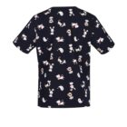 A navy T-shirt with a pattern of small cartoon animals.