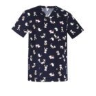 Navy blue scrub top with playful cartoon animal prints.