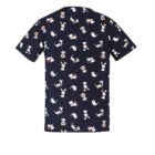 Navy T-shirt with playful cartoon animal patterns featuring ducks, rabbits, squirrels, and flowers.