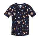 Navy scrubs with cartoon astronauts, planets, and rockets.