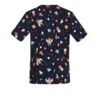 Black T-shirt with colorful space-themed illustrations, including astronauts and planets.