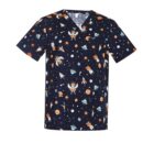 Dark scrub top with cartoon astronaut and space-themed print.