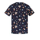 Navy T-shirt with astronaut, rocket, and planet patterns in orange and white.