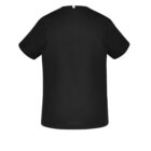 Back view of a plain black T-shirt against a white background.