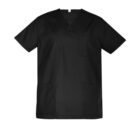 Black scrub top with short sleeves and pockets on a white background.
