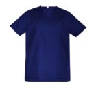 Dark blue medical scrub top with short sleeves and front pockets, isolated on a white background.