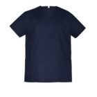 Dark blue scrub top with short sleeves, front pocket, and V-neck design.