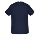 Back view of a plain navy blue T-shirt on a white background.