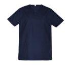 Navy blue medical scrub top with short sleeves and multiple pockets.