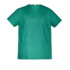 Green medical scrub top with short sleeves and pockets on a white background.
