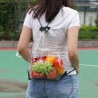 Person with a transparent backpack filled with fruits on a sports court.