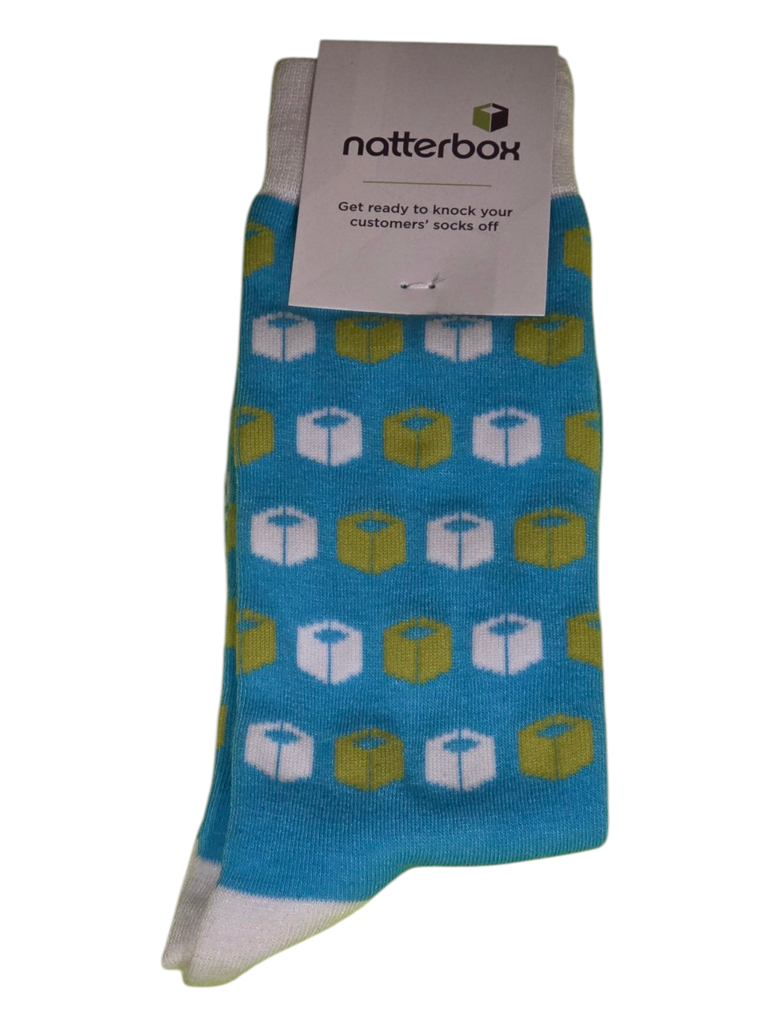 Blue socks with cube patterns that will surely knock your customers socks off.