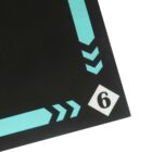 Black surface with turquoise arrows and a number six in a diamond shape.