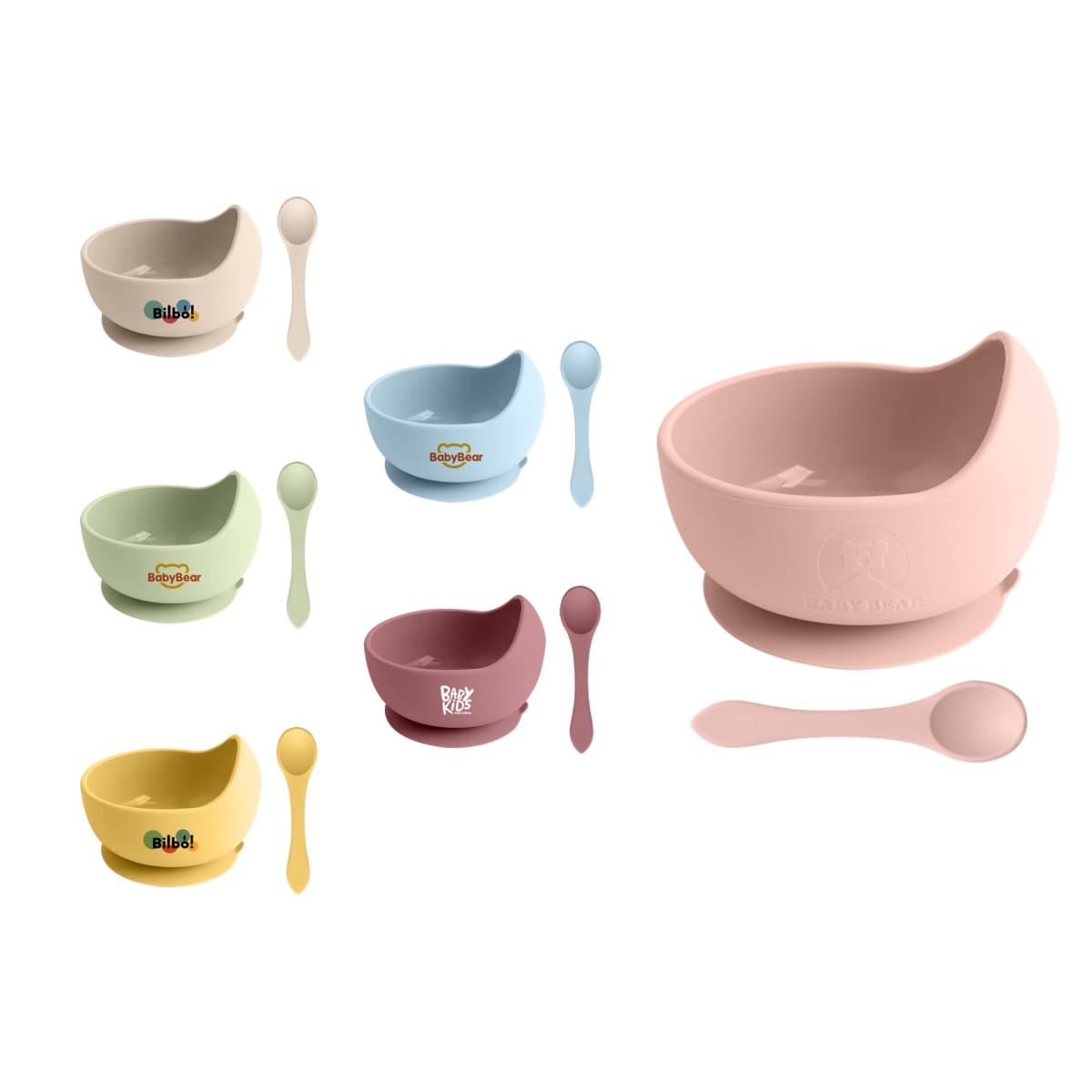 Seven colorful baby bowls with matching spoons, displayed in various colors and sizes.