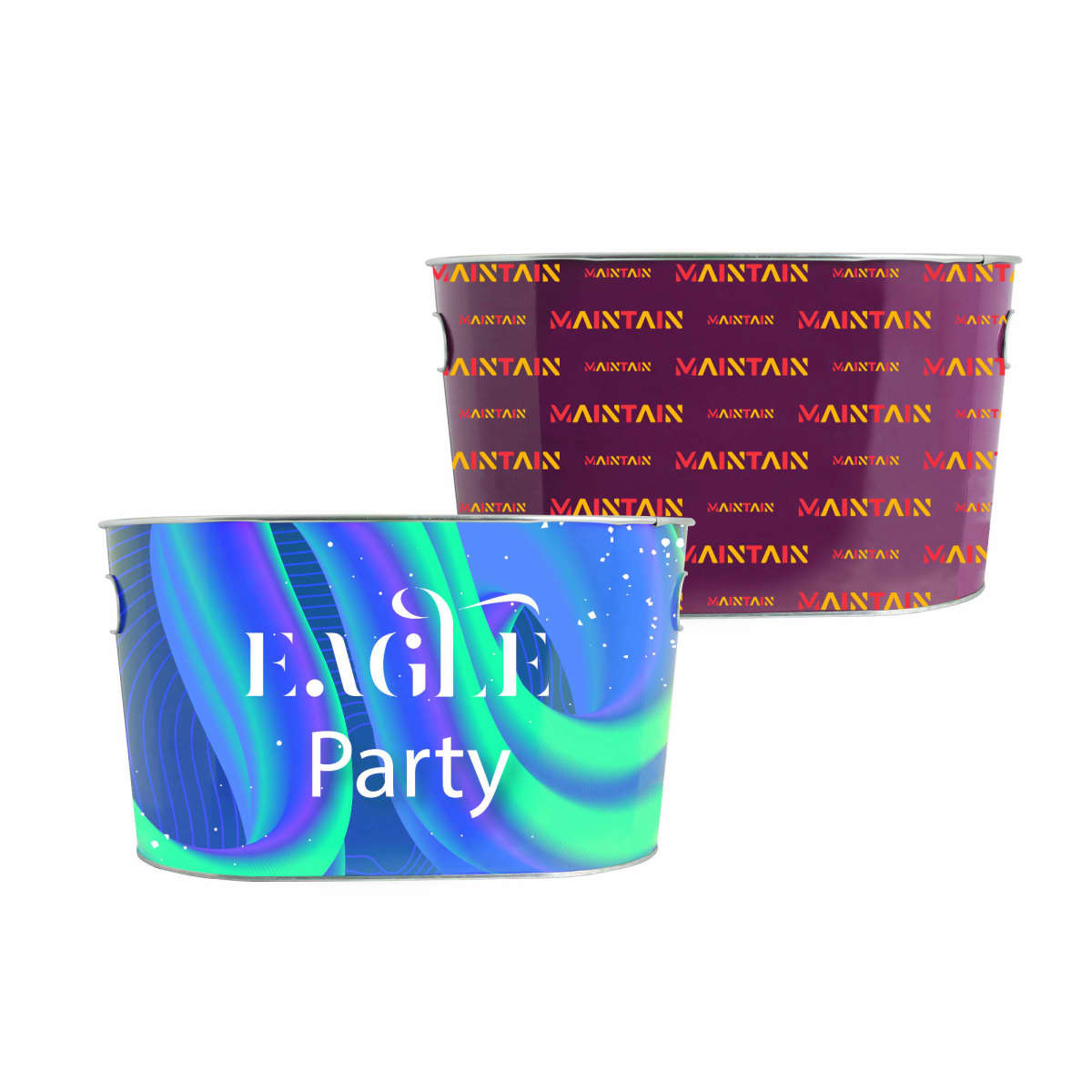 Two colorful buckets with Party and MAINTAIN written on them.