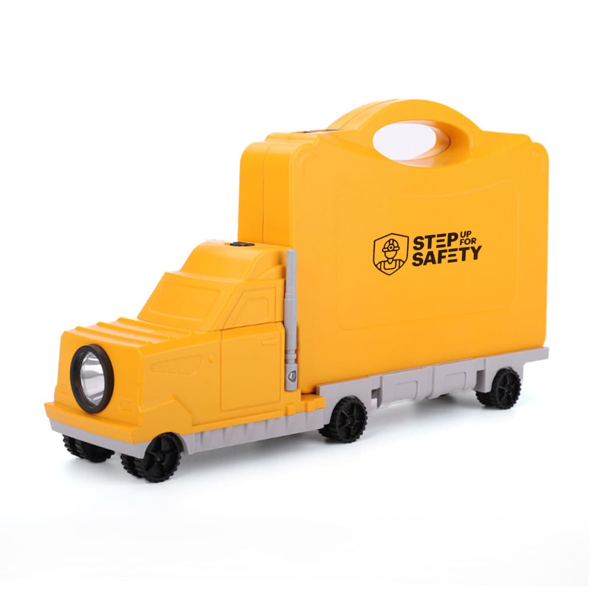 Yellow toy truck with handle, resembling a luggage, branded Step Up For Safety.