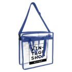 Clear tote bag with blue trim and handles, displaying VINTAGE SHOP BOUTIQUE on the front.