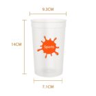 Clear sport cup with orange splash design, dimensions labeled: 9.3cm width, 14cm height, 7.1cm base.