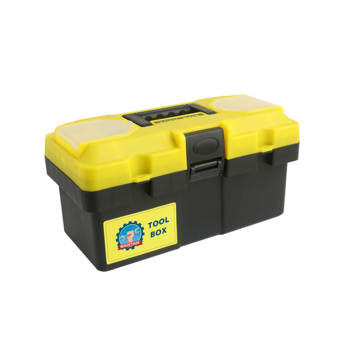 Yellow and black toolbox with a handle and a Tool Box label on the side.
