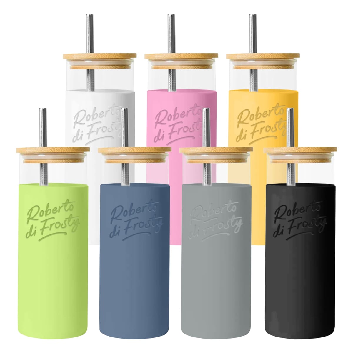 Seven colorful tumblers with bamboo lids and metal straws.