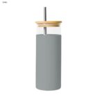 Gray matte tumbler with a wooden lid and metal straw on a white background.