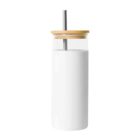 White tumbler with bamboo lid and metal straw.